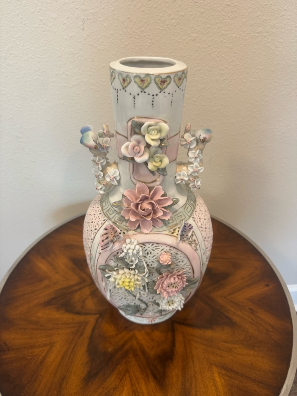 Beautiful vintage Chinese reticulated vase with birds, butterflies and flowers